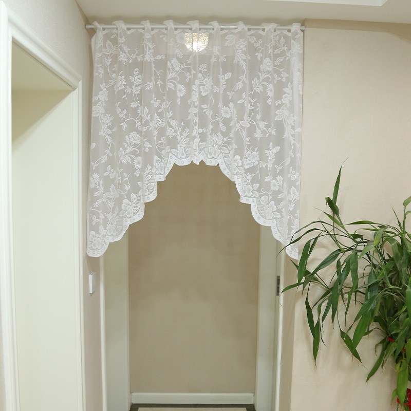唯美免打孔白色卧室纱帘半帘厨房隔断帘遮挡帘成品蕾丝弧形帘