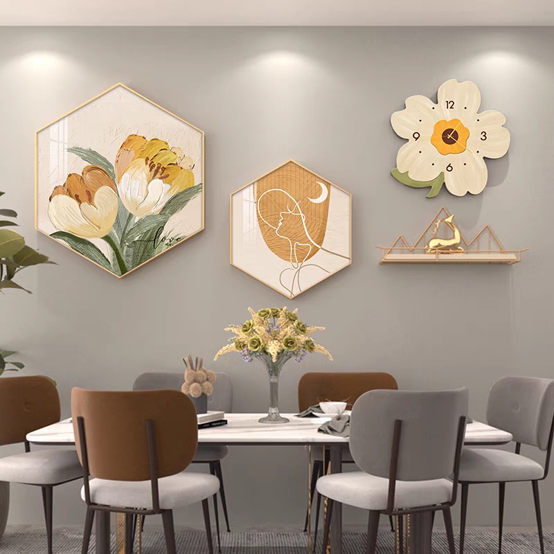 花朵餐厅装饰画北欧小清新挂画组合创意挂钟饭厅背景墙六边形壁画