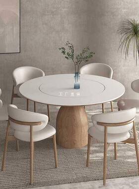 ft原木奶油风岩板圆餐桌家用带转盘白色饭桌设计师日式实木餐桌圆