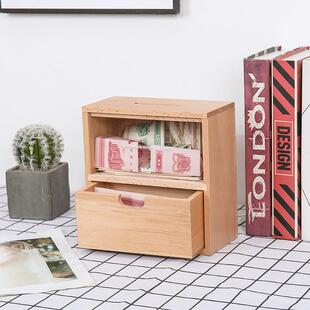 木质桌面摆件收纳盒亚克力存钱罐榉木首饰收纳抽屉桌面透明储存罐