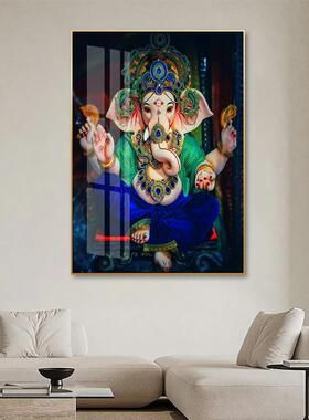 走廊玄关过道唐卡印度财神挂画泰国神象壁画晶瓷镶钻LED装饰画