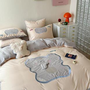 A类全棉水洗棉绣花四件套纯棉被套床单床笠款卡通儿童床上三件套