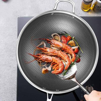 3ZJ-B015底16L不锈钢炒锅锅家用平双面无层涂炒菜锅不粘锅电磁炉