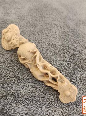 小黄USR杨木雕刻工手装把叶玩件男士随身文玩人参如意汽车挂件饰