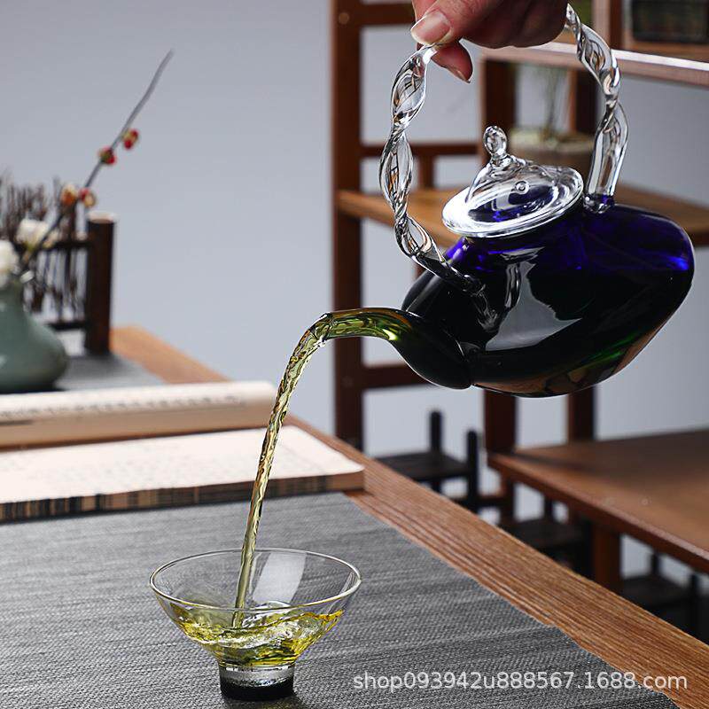 日式简约宝蓝色玻璃煮花壶烧244水壶可茶加热璃玻壶篮提梁壶旋转