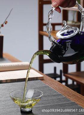 日式简约宝蓝色玻璃煮花壶烧244水壶可茶加热璃玻壶篮提梁壶旋转