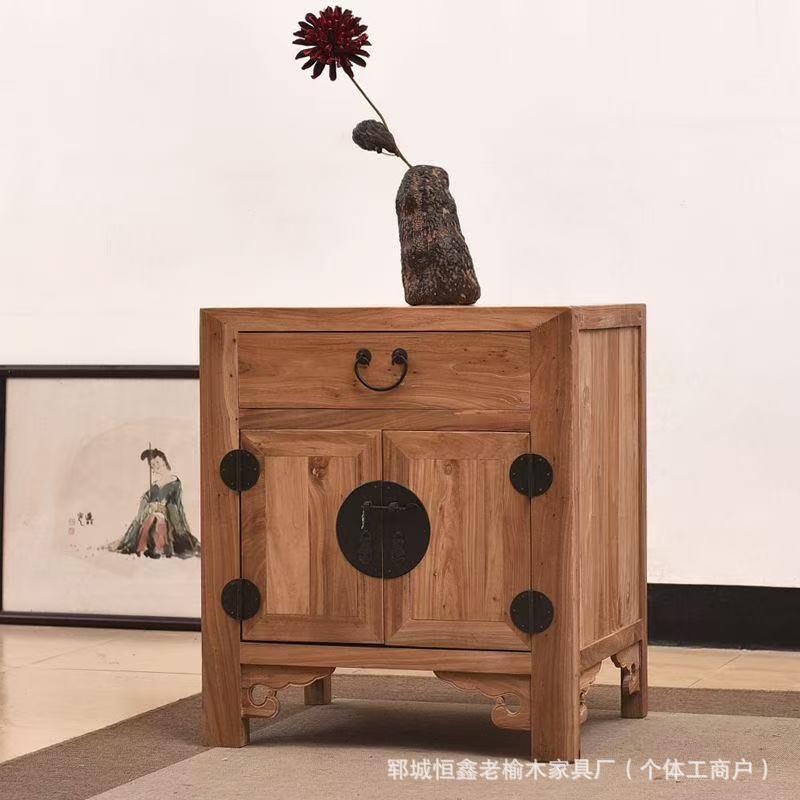 老榆头木床头柜复卧室床边纳柜靠墙CID矮古柜迷你床收柜储物柜