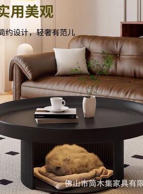 现代简型约小户风黑色圆形小茶几矮古桌法式QKB复奶油客厅宠物沙