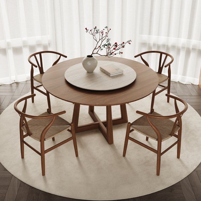 黑胡桃木桌子带转盘圆餐桌椅组合侘寂风实木圆桌家用一桌四椅圆形