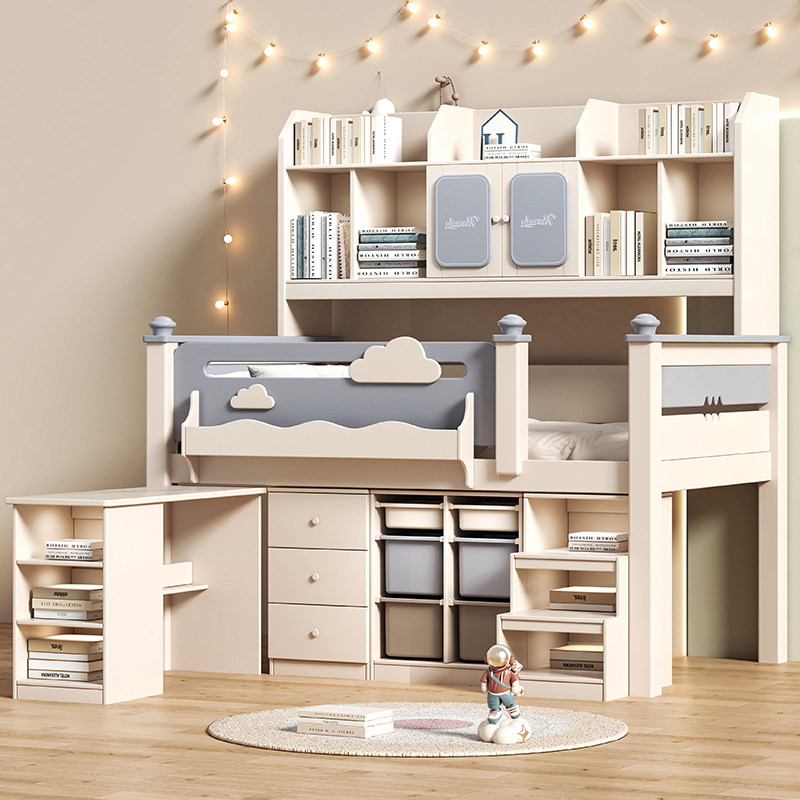 儿童半高床衣柜一体组合床樱桃木男孩单人床实木小户型上层架子床