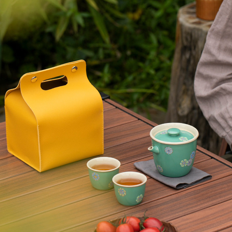 颜色釉皮球花手抓壶旅行茶具陶瓷户外便携式一壶两杯快客小套组