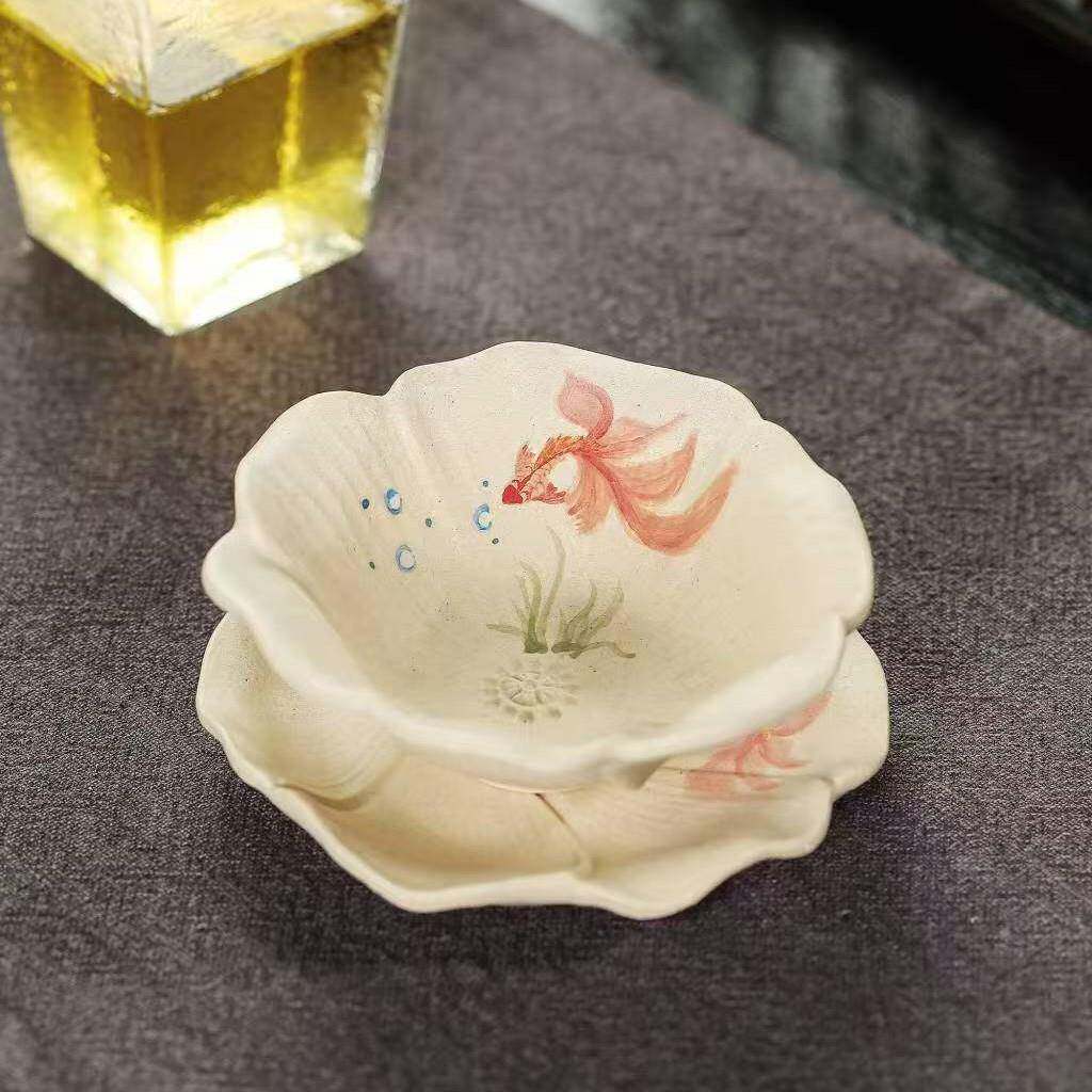 宜兴原矿紫砂杯一杯一垫创意精品泥绘仿生杯女士精品杯子白段泥