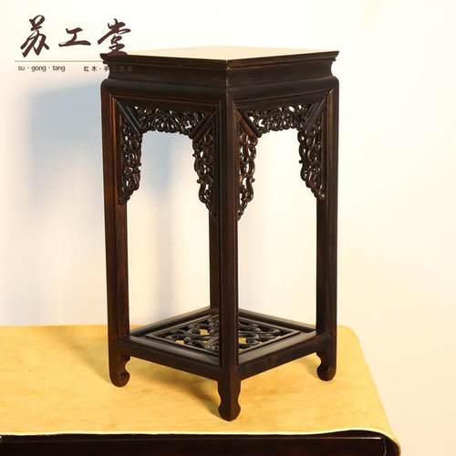 紫光檀实木雕刻正方花架中式客厅装饰摆饰可放置工艺品摆件