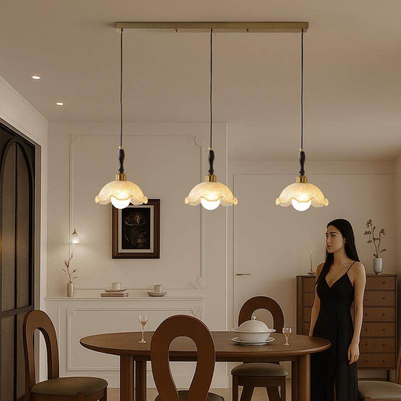 高级感中古风餐厅吊灯法式复古三头吊灯金箔树脂花朵过道岛台灯具