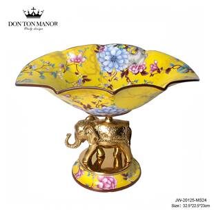 东顿庄园美式复古水果盘铜配陶瓷黄色大象托盘桌面摆件装饰果盆