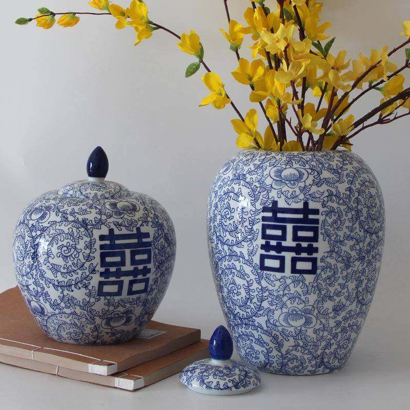 青花瓷喜字陶瓷花瓶中式陶瓷花瓶花盆插花复古摆件新房储物罐带盖,工业油品/胶粘/化学/实验室用品,其他实验室设备,淘宝优惠券,粉丝福利购,淘宝优惠卷