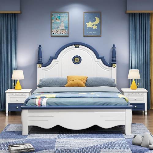 美式蓝白儿童床现代简约1米2单人1.5实木床1米35男孩高箱储物小床