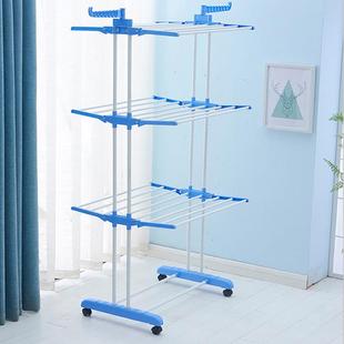 新款阳台翼形折叠落地晾衣架简易带轮伸缩三层室内毛巾架