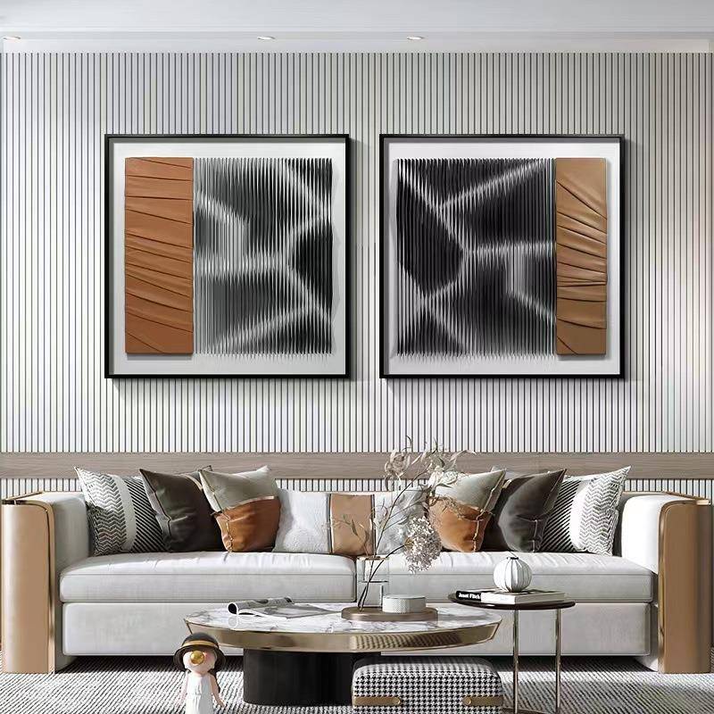 简约现代沙发背景画墙皮革工艺实物画客厅餐厅单联画多联画