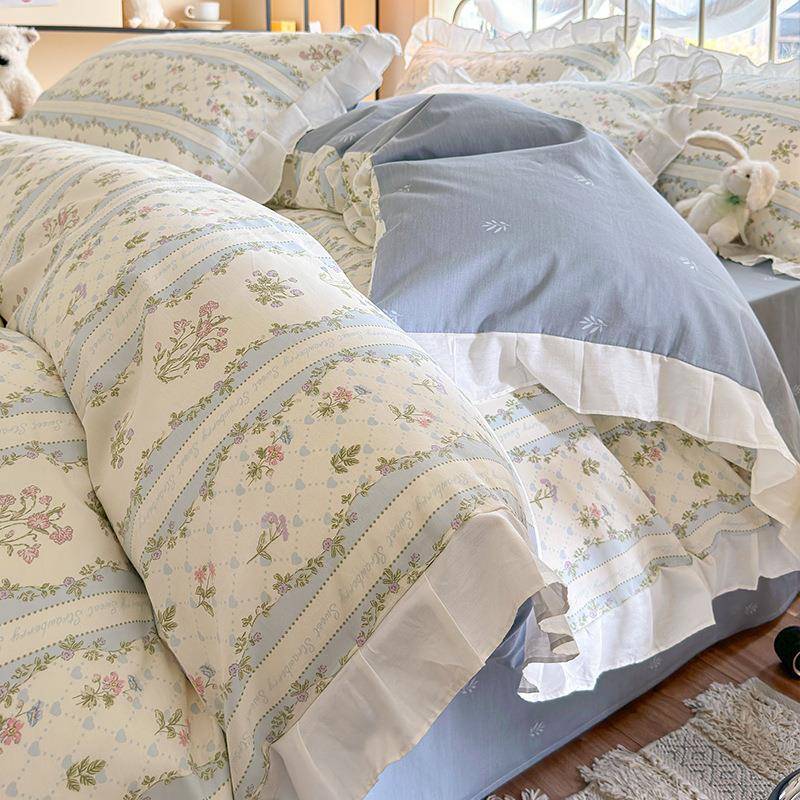 花边公主风纯棉床上四件套全棉床品100春夏田园被套床单笠三件套4