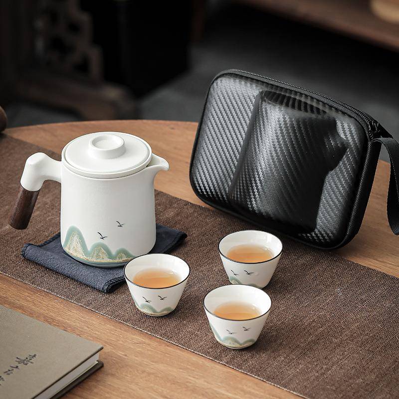 便携式旅行茶具套装手绘快客杯一壶三杯户外茶杯子茶水分离泡茶壶