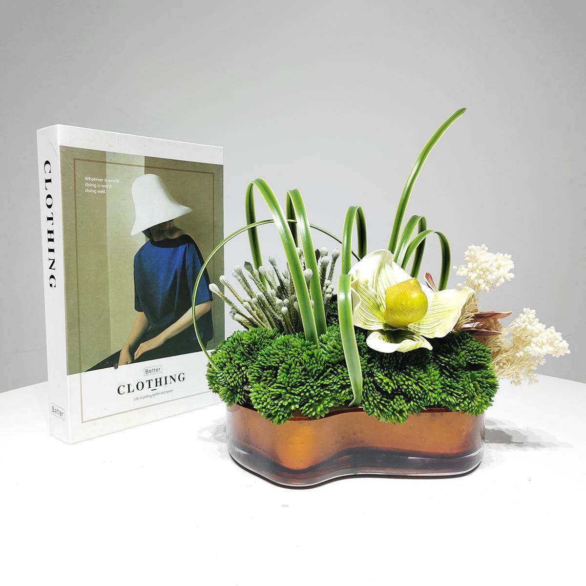 现代轻奢客厅电视柜茶几摆放仿真花植物盆景书柜台面家居花艺装饰