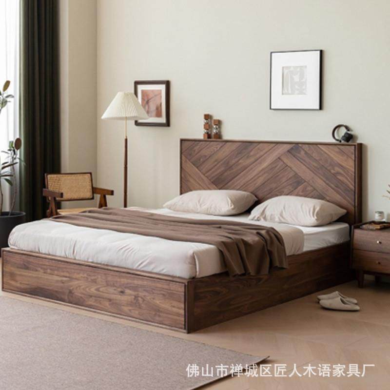 北美黑胡桃木储物床现代简约卧室高低箱收纳气压双人床全实木婚床