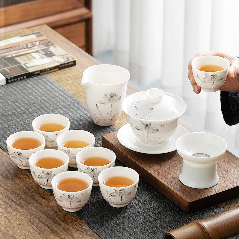 纯手绘羊脂玉茶具套装荷韵泡茶盖碗茶杯家用办公会客整套送礼
