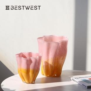 博西家居粉黄渐变色敞口高档玻璃花瓶摆件家居高级感装饰品花器