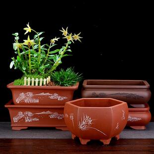 紫砂花盆桌面古典简约盆景马槽长方形六角手工刻绘榕树蝴蝶兰