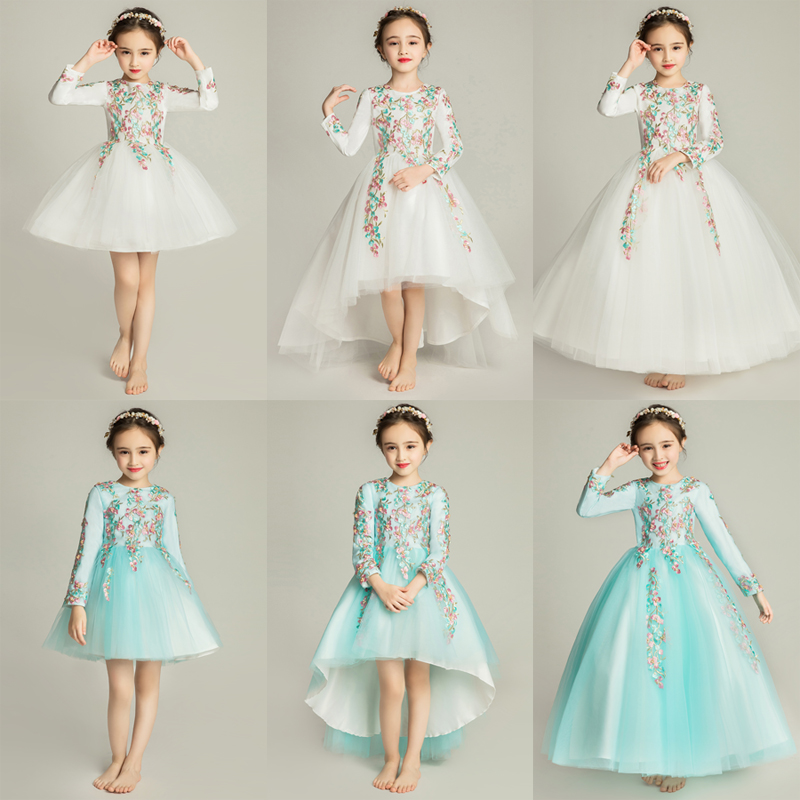 儿童公主裙女童花童婚纱蓬蓬纱长袖加厚加绒晚礼服钢琴表演服高端