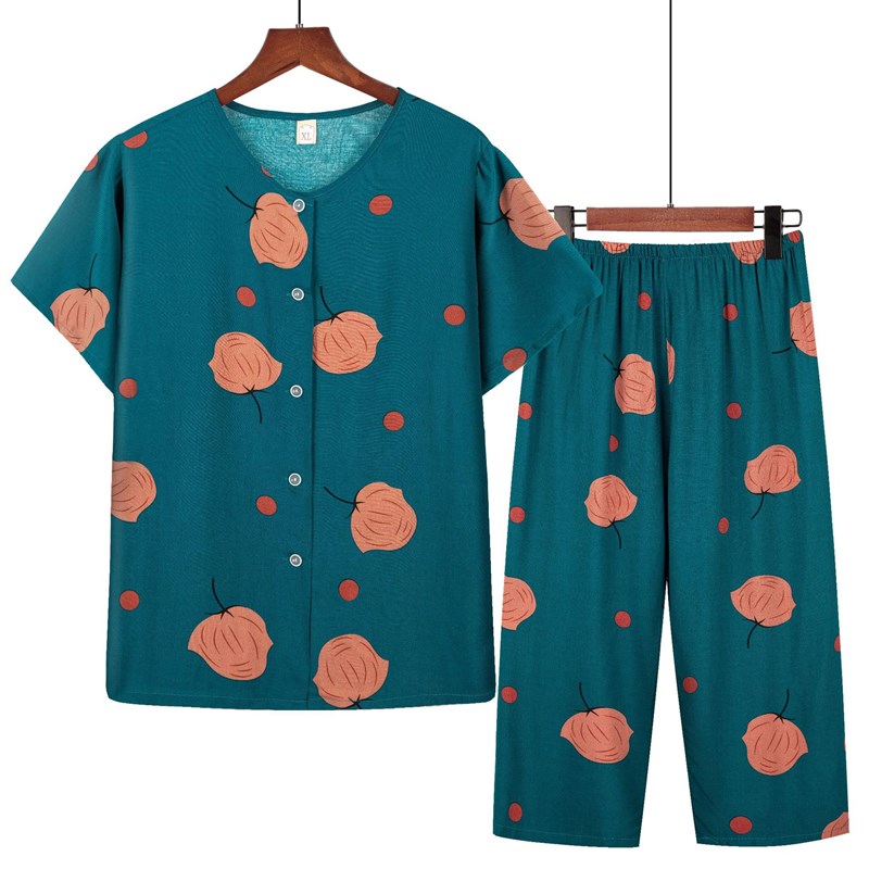 中老年人睡衣女士妈妈款纯棉绸短袖短裤套装对襟开衫前开扣家居服
