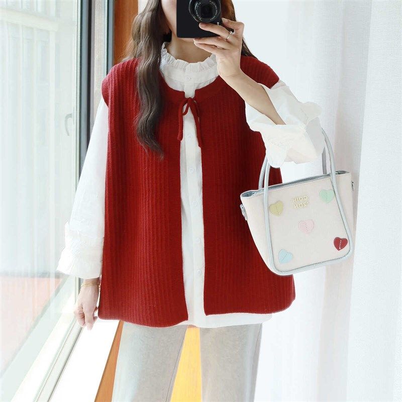 大码毛衣马甲背心女胖mm外穿秋冬宽松加厚系带胖妹妹无袖开衫外套