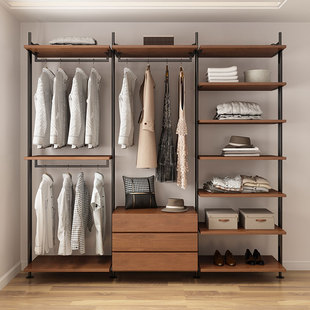 开放式衣柜铁艺步入式衣架实木挂墙金属衣帽间落地衣服收纳挂衣架