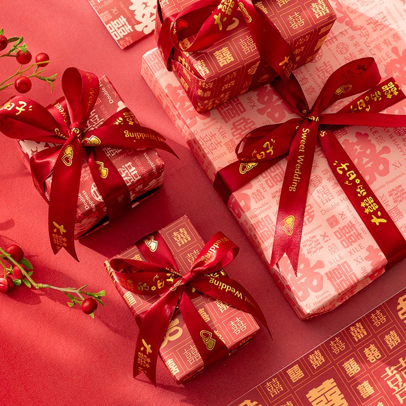 结婚礼物包装纸中国风红色礼品纸百喜图相框包装纸大尺寸礼物纸