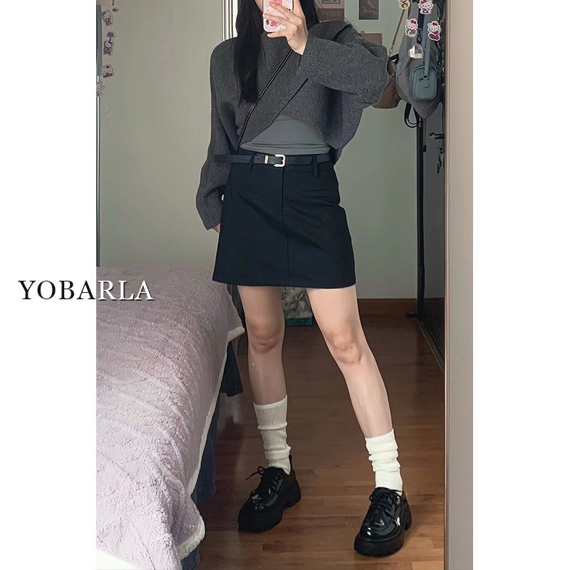 黑色高腰西装短裙女夏季大码胖mm显瘦梨形身材小个子a字半身裙子