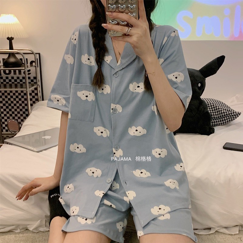 睡衣女夏短袖纯棉可爱卡通薄款夏天学生可外穿两件套家居服套装