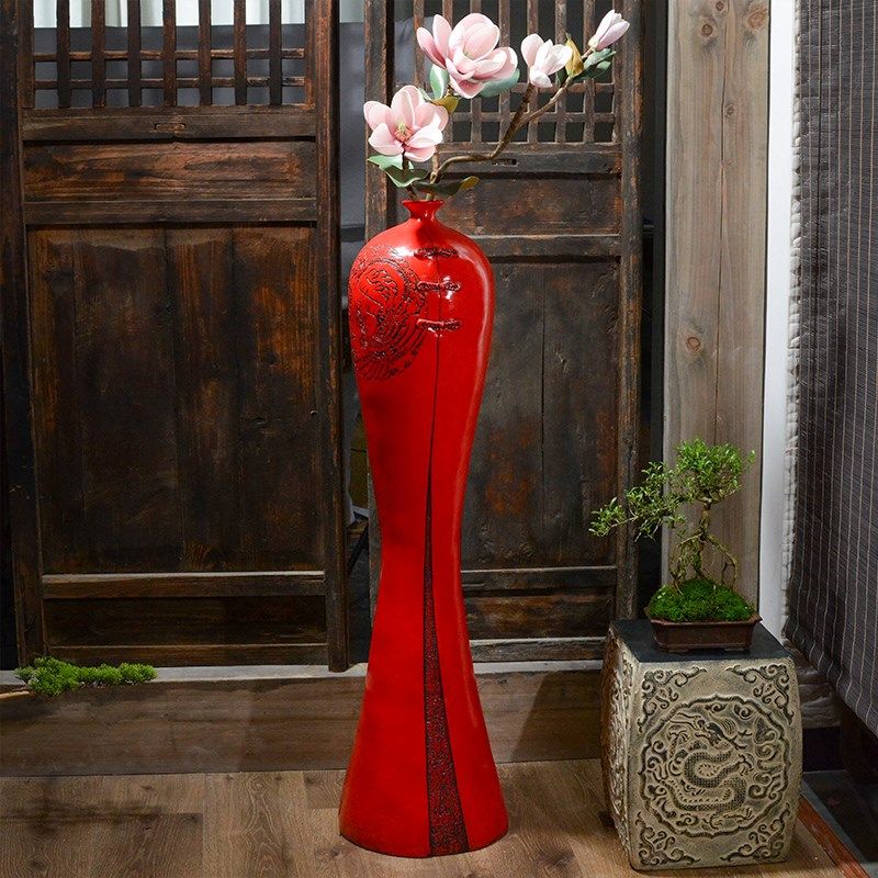 新中式软装红色花瓶客厅插花长枝高端电视柜旁边落地摆件茶室装饰