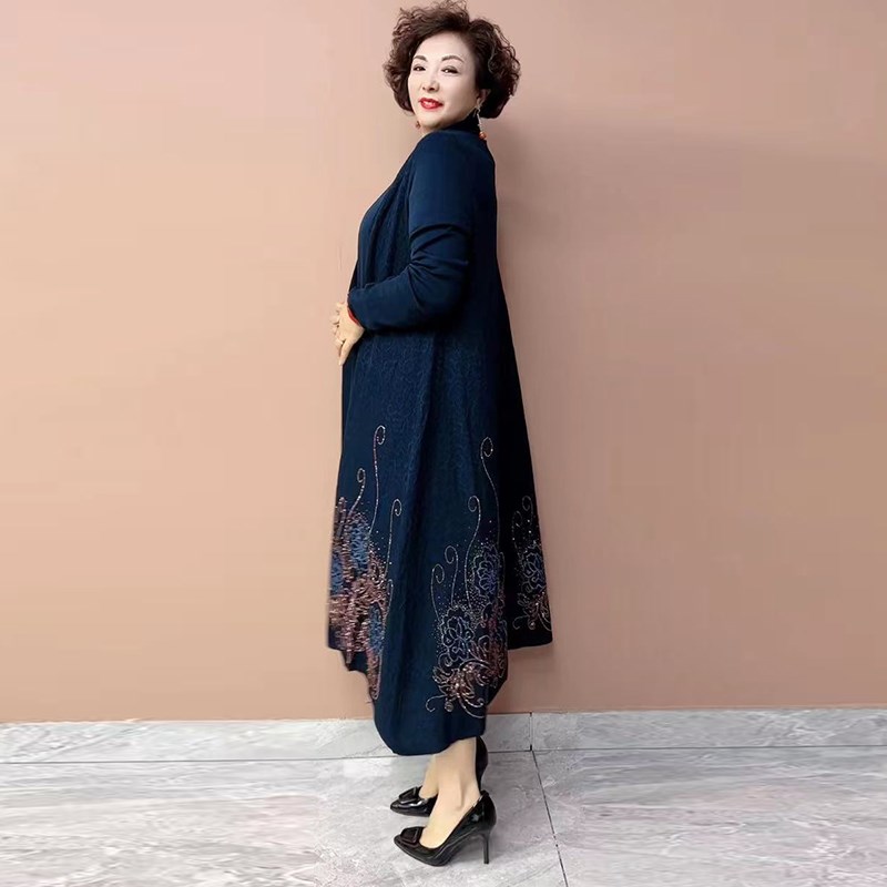 50岁妈妈秋冬针织裙外套打底连衣裙两件套婚宴喜庆开衫大码外披