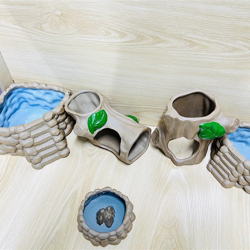 夏季降温刺星球海石陶瓷厕所粗陶树桩隧道躲避石头食盆造景用品