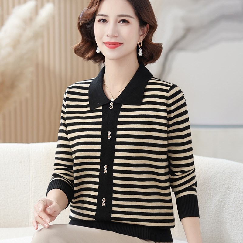 妈妈秋装翻领长袖上衣中年女士洋气毛衣50岁60中老年人秋冬打底衫