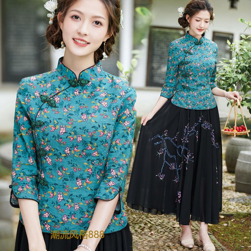 复古风新款唐装盘扣改良版旗袍两件套装上衣中式中老年碎花表演服