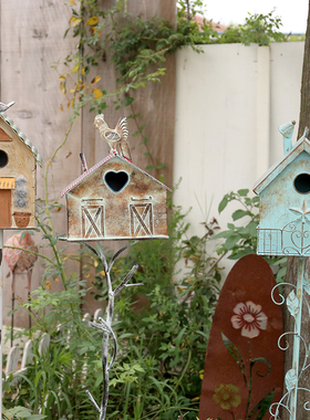 复古铁质小鸟房子乡村田园鸟屋地插花插鸟笼鸟屋藤蔓爬架爬藤架子