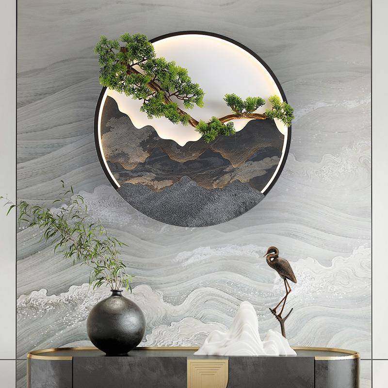 新中式装饰画圆形玄关挂画入户走廊过道墙壁带灯LED茶室大气壁画