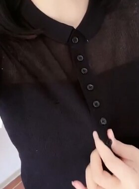 黑色翻领微透短袖t恤女夏季新款修身显瘦百搭弹力凉爽温柔风上衣