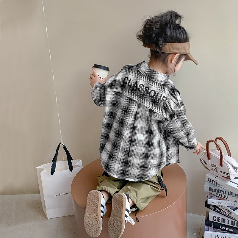 女童外套套装春秋款2024新款洋气春季女孩格子衬衫上衣背心两件套