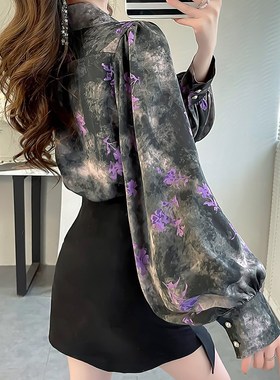 花衬衣设计感高级春款2024新款小衫大码紫色国风上衣灯笼袖衬衫女