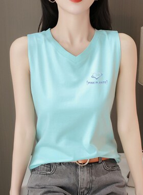 白色V领纯棉短袖T恤女夏季新款宽松百搭无袖上衣打底背心内搭外穿