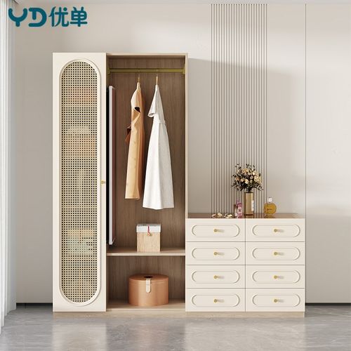 原木风卧室斗柜衣帽架穿衣镜一体仿藤编床尾落地挂衣柜2A63