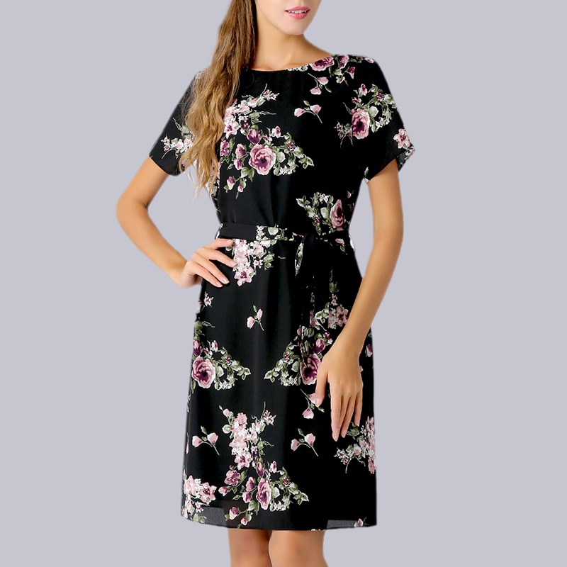 夏天妈妈法式大码女装收腰雪纺直筒a字碎花连衣裙夏季新款遮肚子